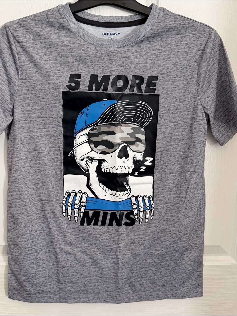 Old Navy Gray Tee with Skull Graphic and Blue Accents